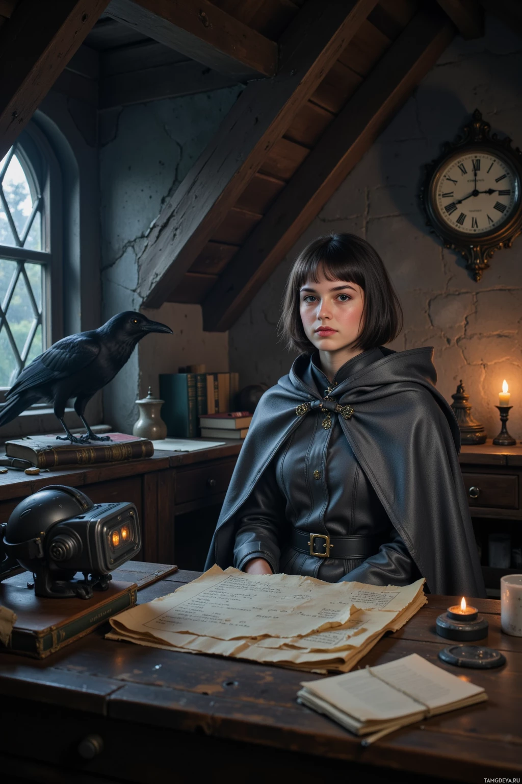 A person in a dark cloak sits at a desk with a crow perched on the edge, surrounded by books and a lit candle.