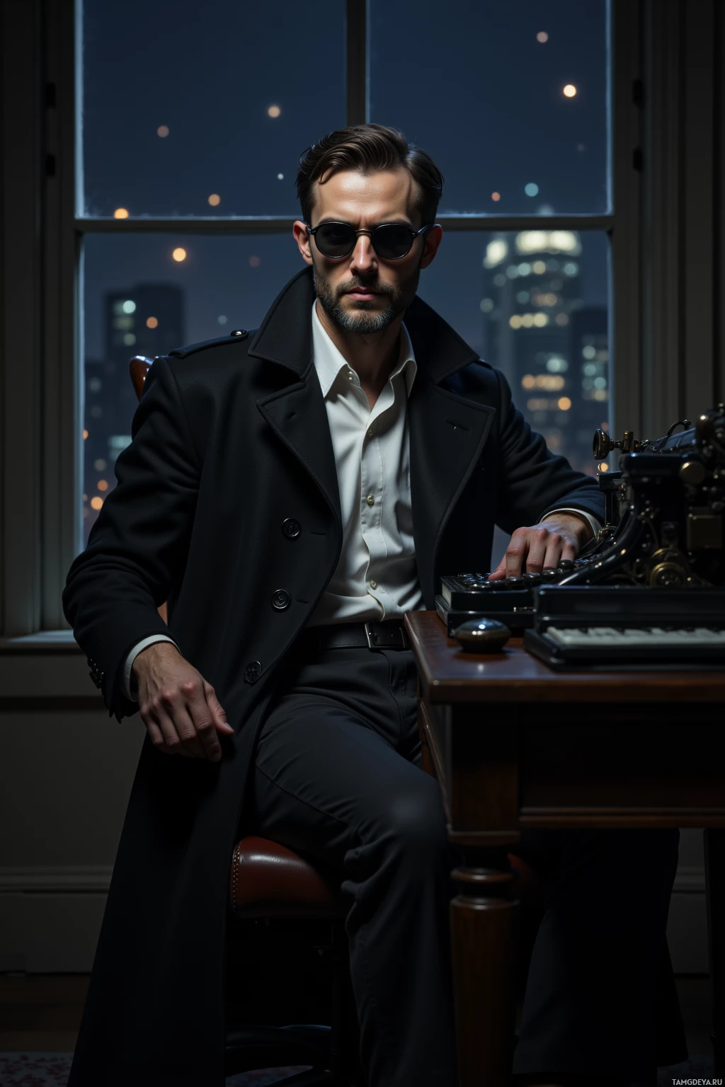 A man in a dark coat and sunglasses sits at a desk with a typewriter, against a window with city lights.