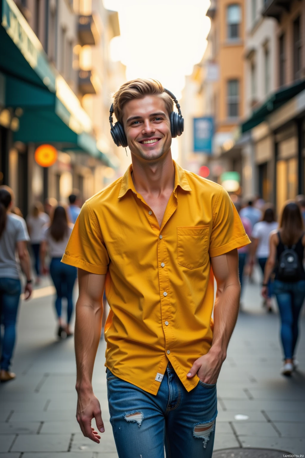 A man in a yellow shirt and jeans walks down a city street.