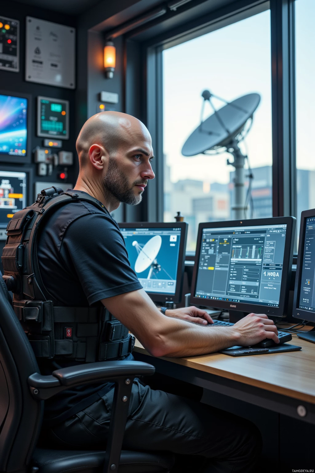 A man in tactical gear works at a desk with multiple computer monitors, overlooking a satellite dish outside.