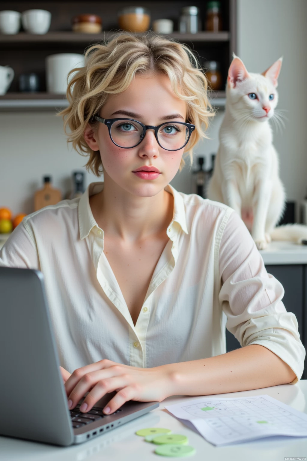 A woman with glasses sits at a desk with a laptop, surrounded by kitchen items and a white cat.