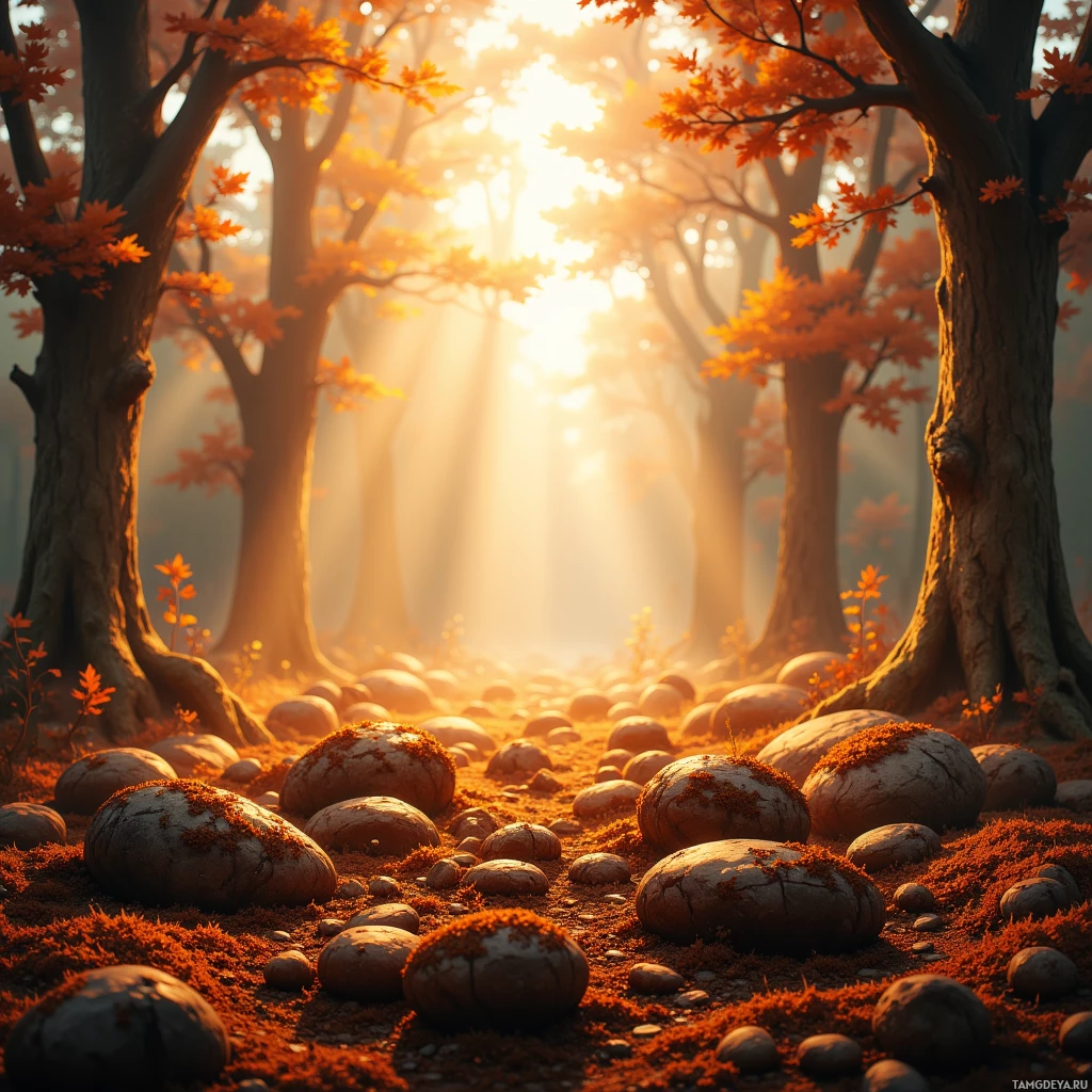 A serene autumn forest scene with golden sunlight filtering through the trees and scattered rocks on the forest floor.