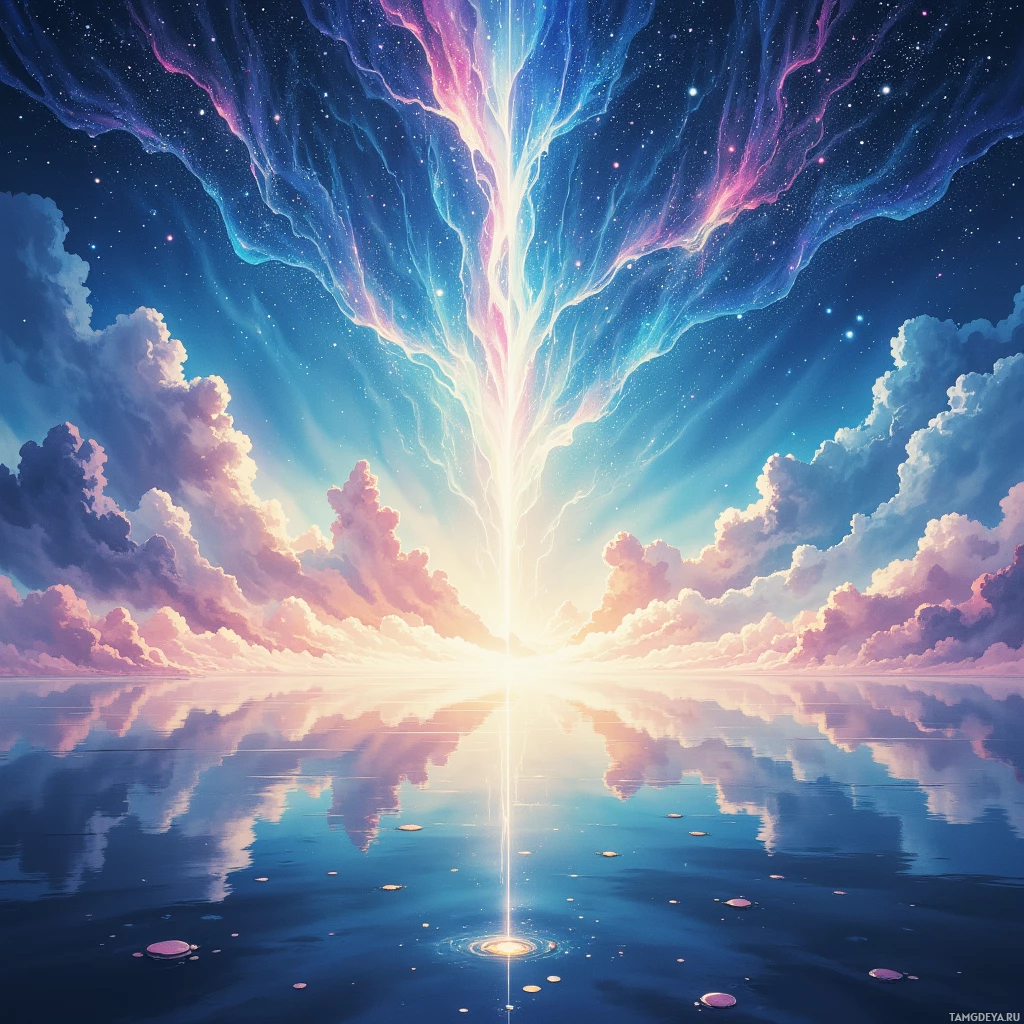 A vibrant, ethereal sky with glowing streaks and reflections over calm water.