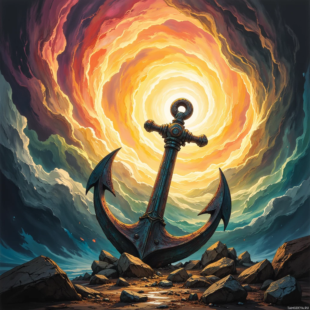 A large, weathered anchor stands on rocky ground beneath a swirling, fiery sky.
