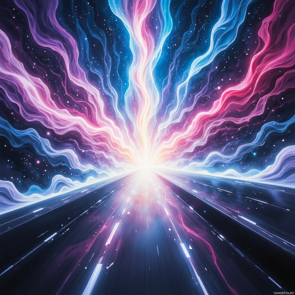 A vibrant cosmic scene with swirling nebulae and starlight.