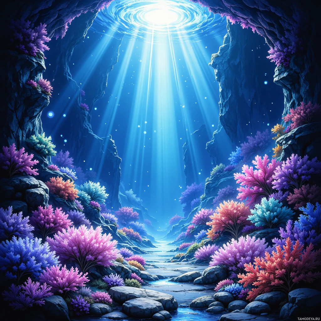 A vibrant underwater scene with colorful coral and beams of light filtering through the water.