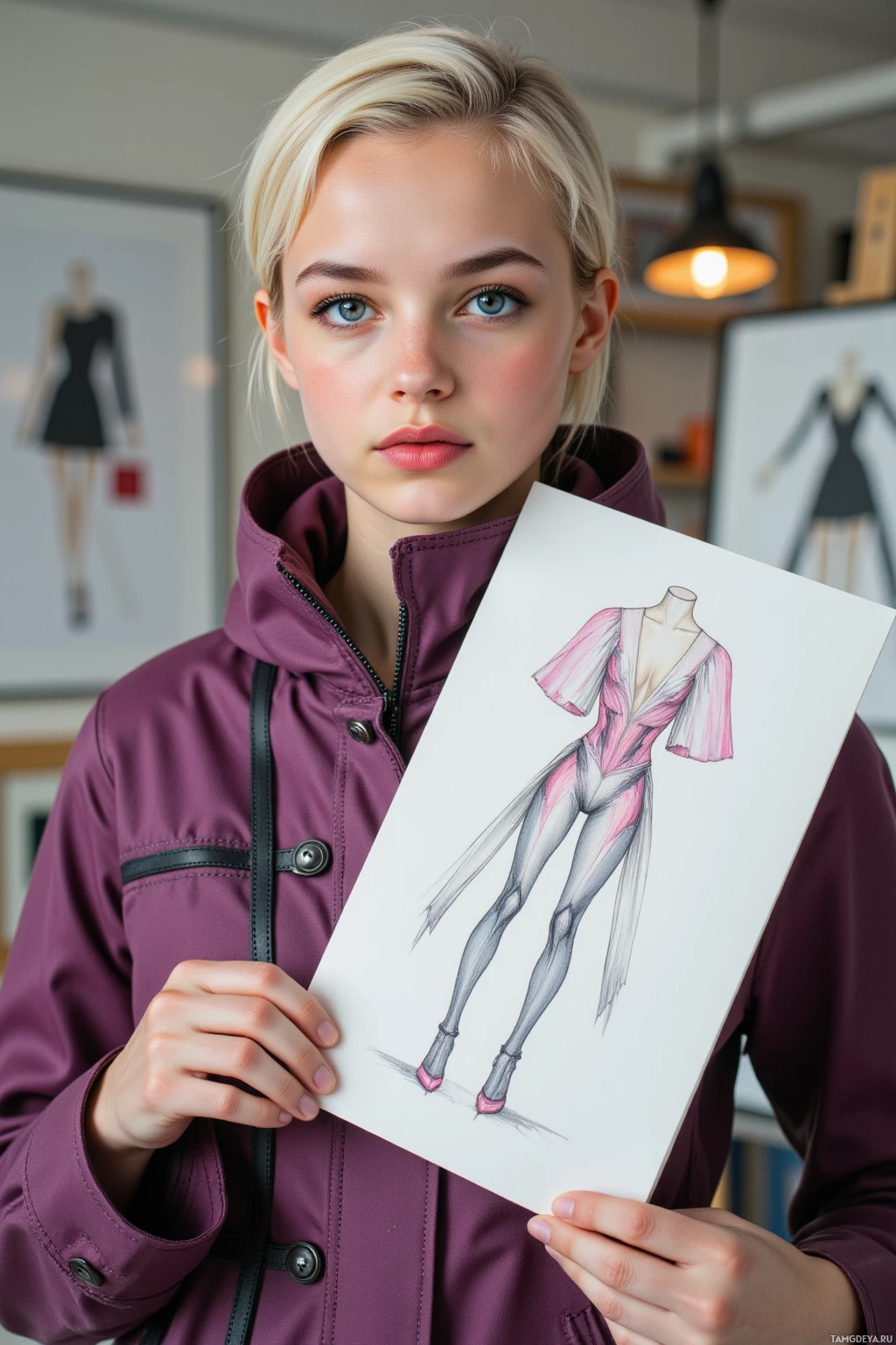 A person in a purple jacket holds a fashion sketch of a dress.