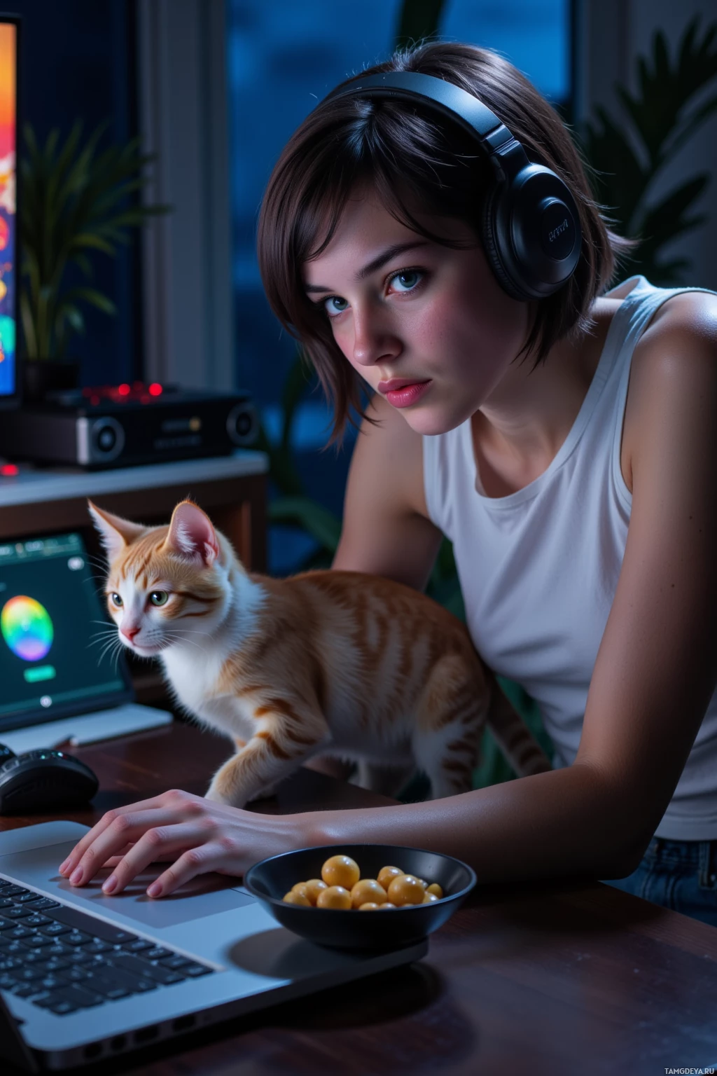 A person wearing headphones works on a laptop with a cat nearby.