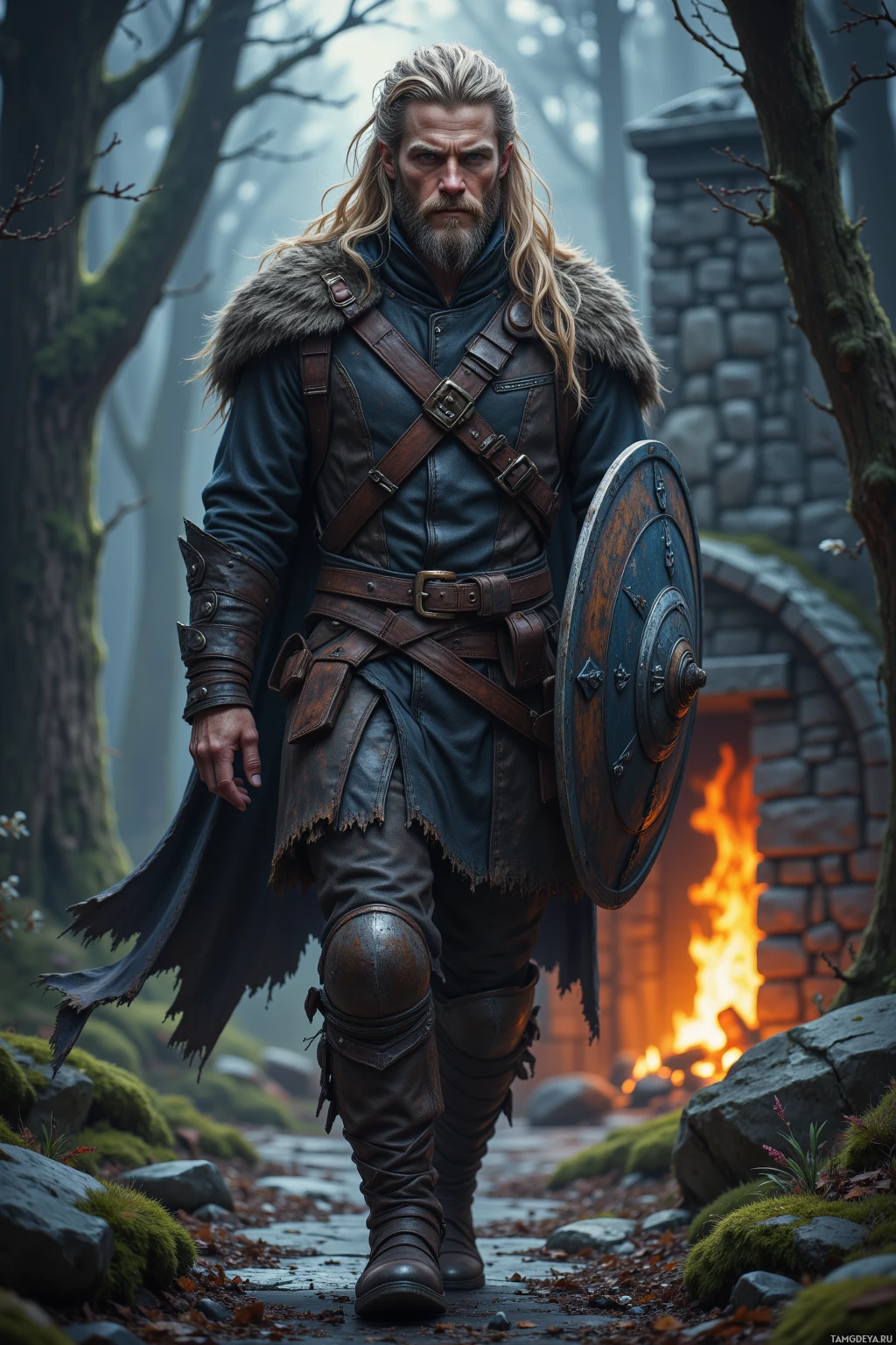 A warrior in medieval attire stands in a forested area near a stone structure with a fire burning inside.