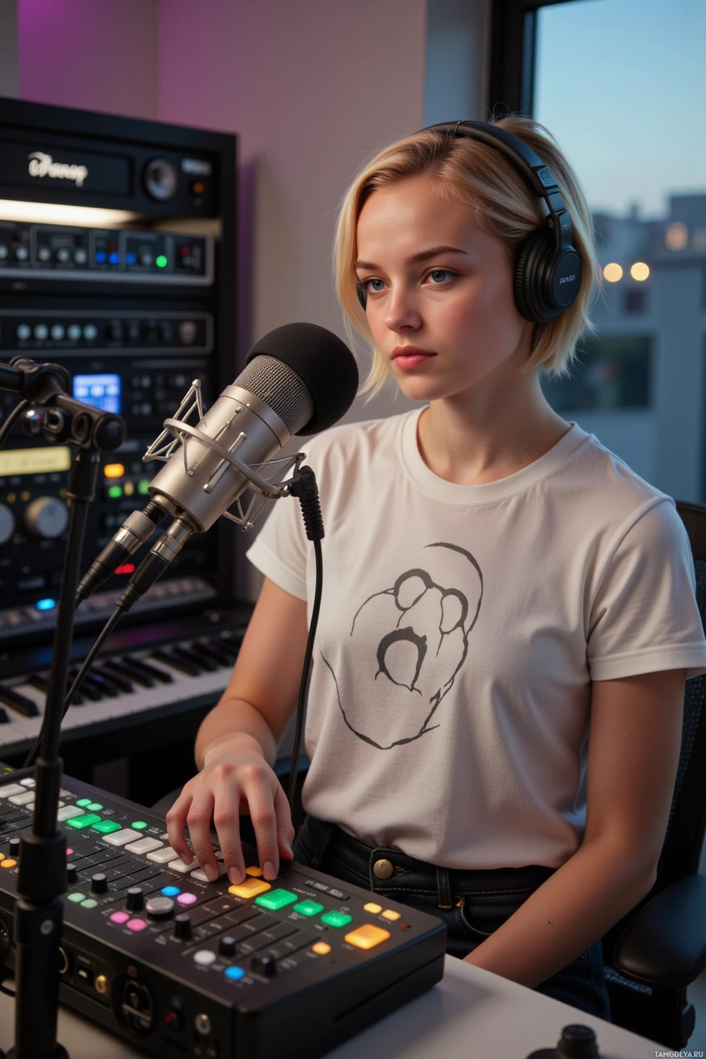 A person wearing headphones and a t-shirt with a graphic design, seated in front of a microphone and audio equipment.
