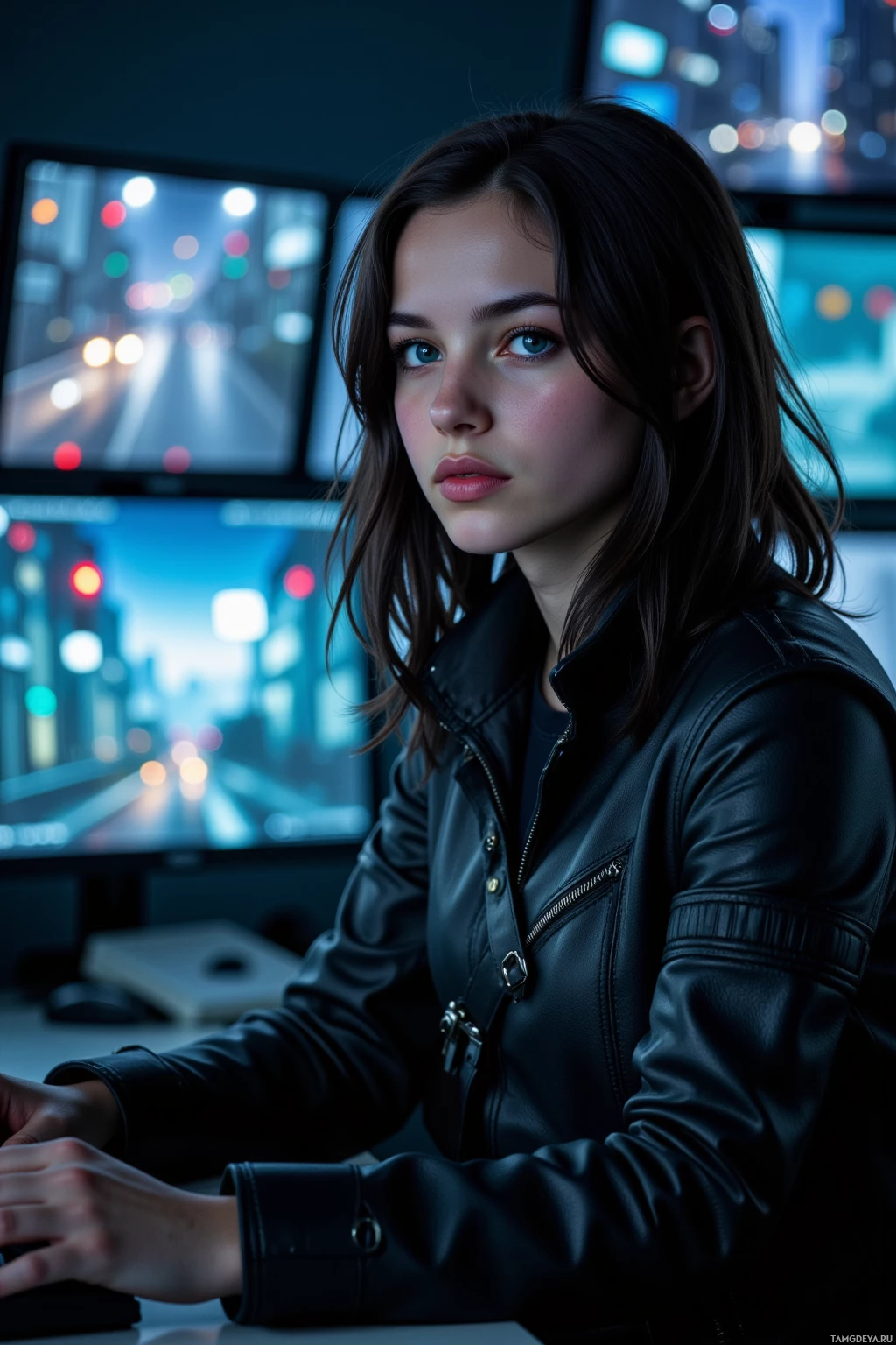 A person in a black leather jacket sits in front of computer monitors displaying a cityscape at night.