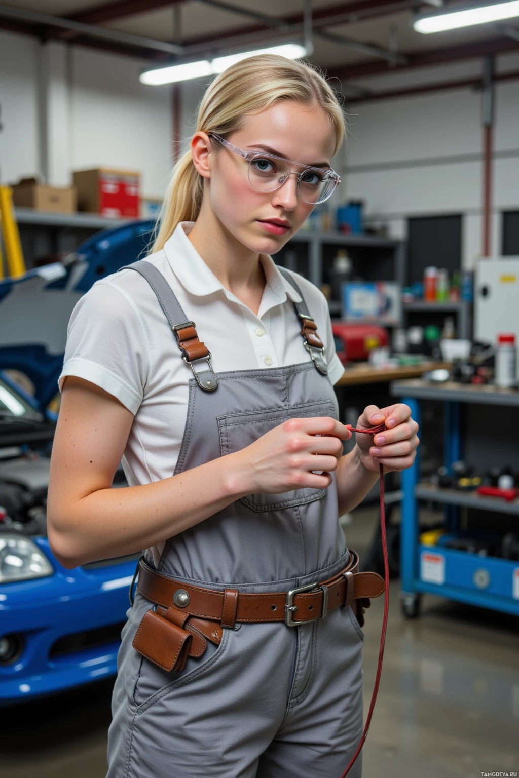 A woman in a workshop wearing a white shirt, gray overalls, and safety glasses, holding a red cord.