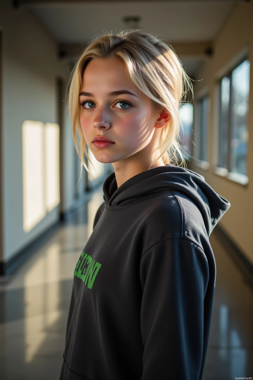 A person wearing a black hoodie stands in a hallway with sunlight streaming through windows.