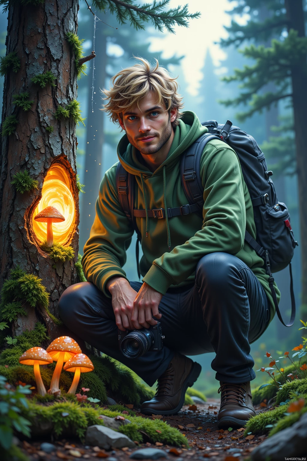A person crouches in a forest, holding a camera, with glowing mushrooms and a tree with a glowing hole in the background.