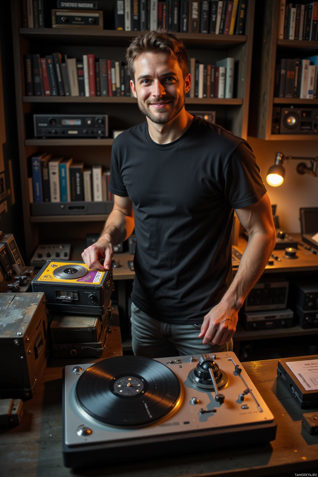 A man stands in a room with a record player and vintage audio equipment, smiling.