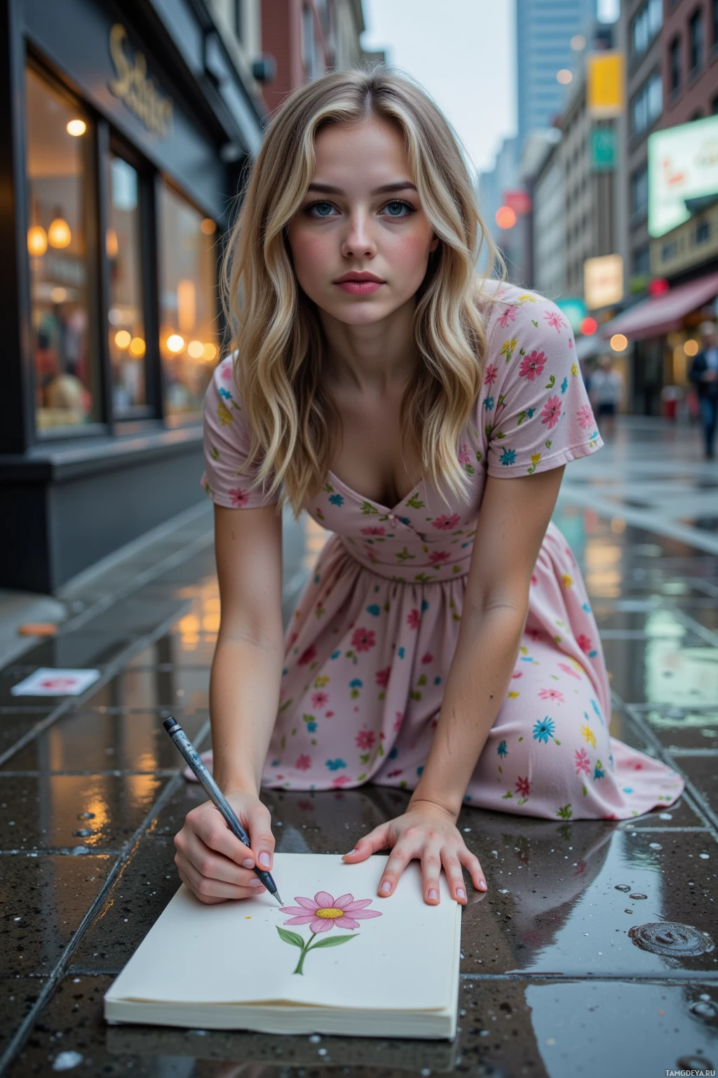 A person in a floral dress is drawing a flower on a sidewalk.