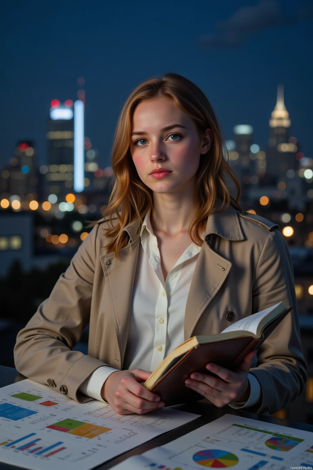 A woman in a trench coat holds an open book, with a cityscape at night in the background.