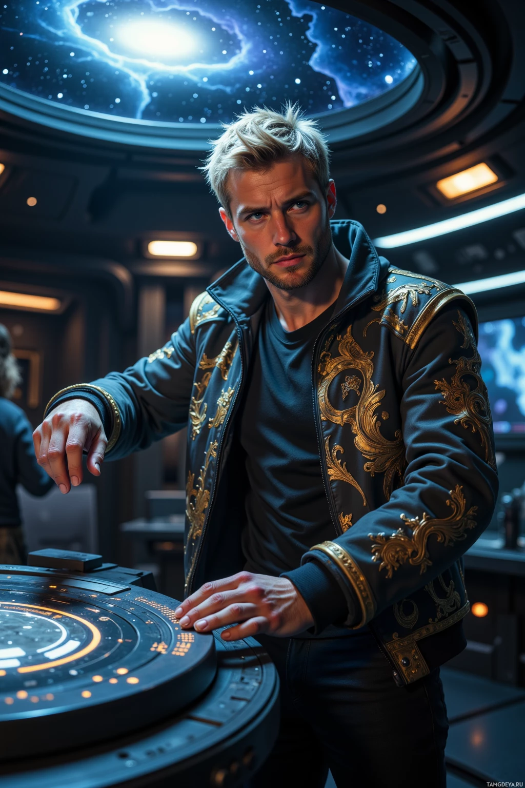 A man in a futuristic setting, wearing a detailed jacket, stands beside a control panel.