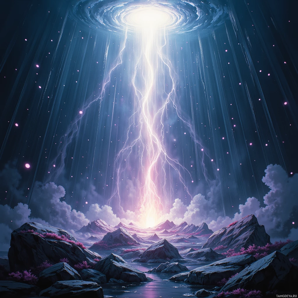 A mystical landscape with a glowing portal in the sky emitting light and energy, surrounded by mountains and a serene river.