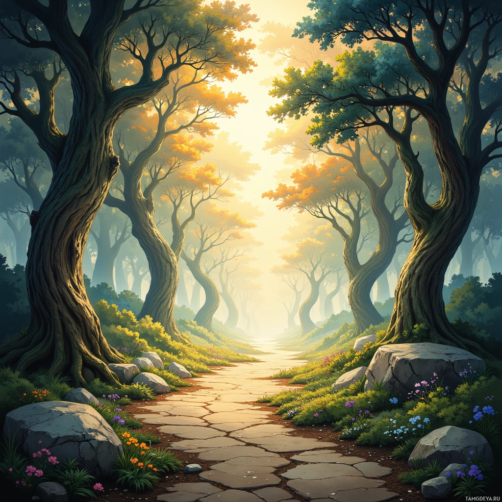 A serene forest scene with a stone path leading through tall trees and blooming flowers.