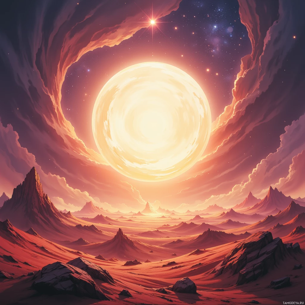 A surreal landscape featuring a glowing celestial body and a starry sky.
