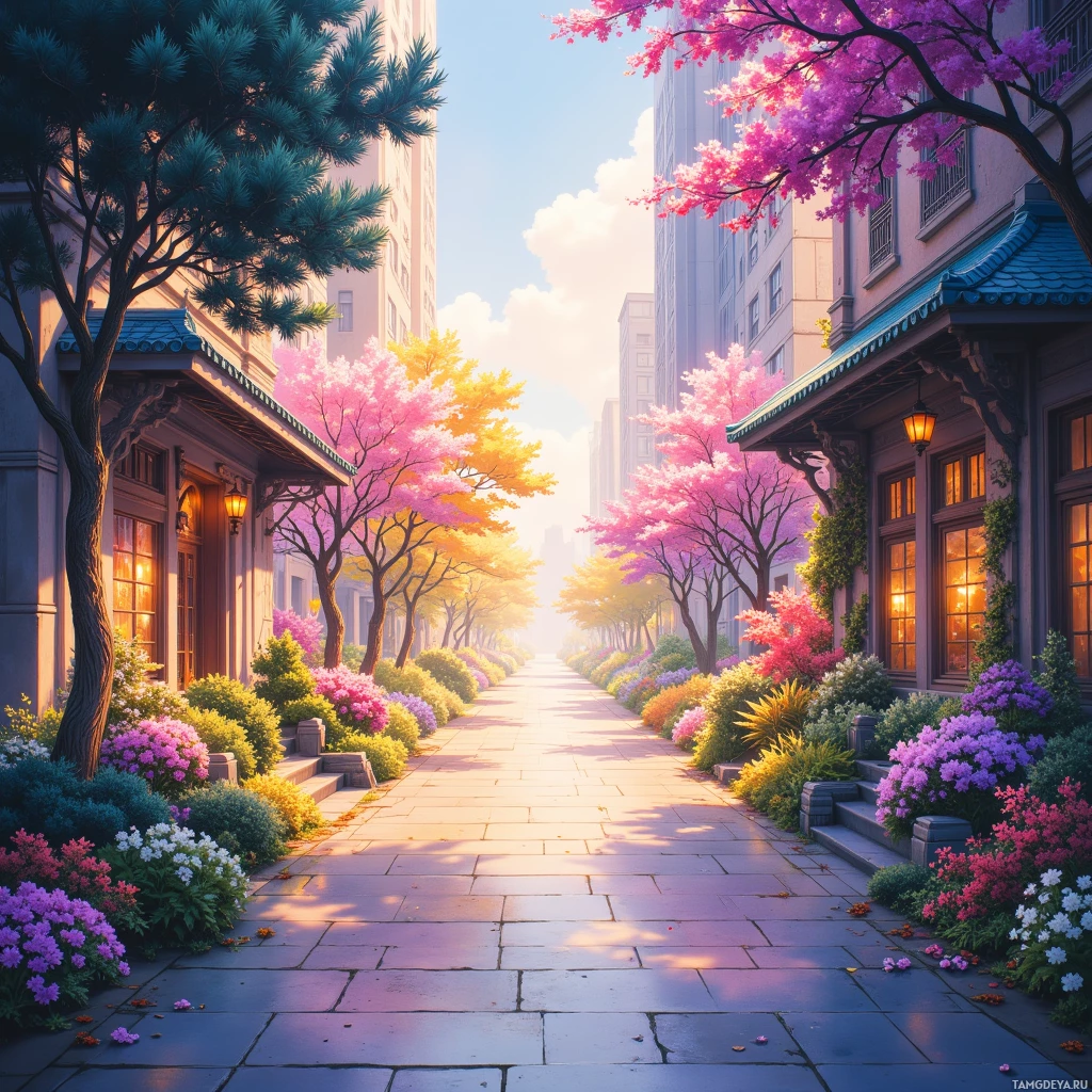 A picturesque urban street lined with blooming cherry trees and vibrant flowers, bathed in soft sunlight.