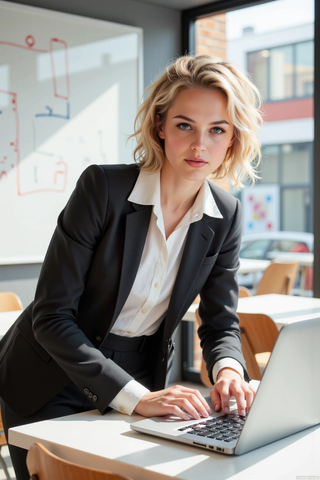A woman in a professional outfit is working on a laptop in a modern office setting.