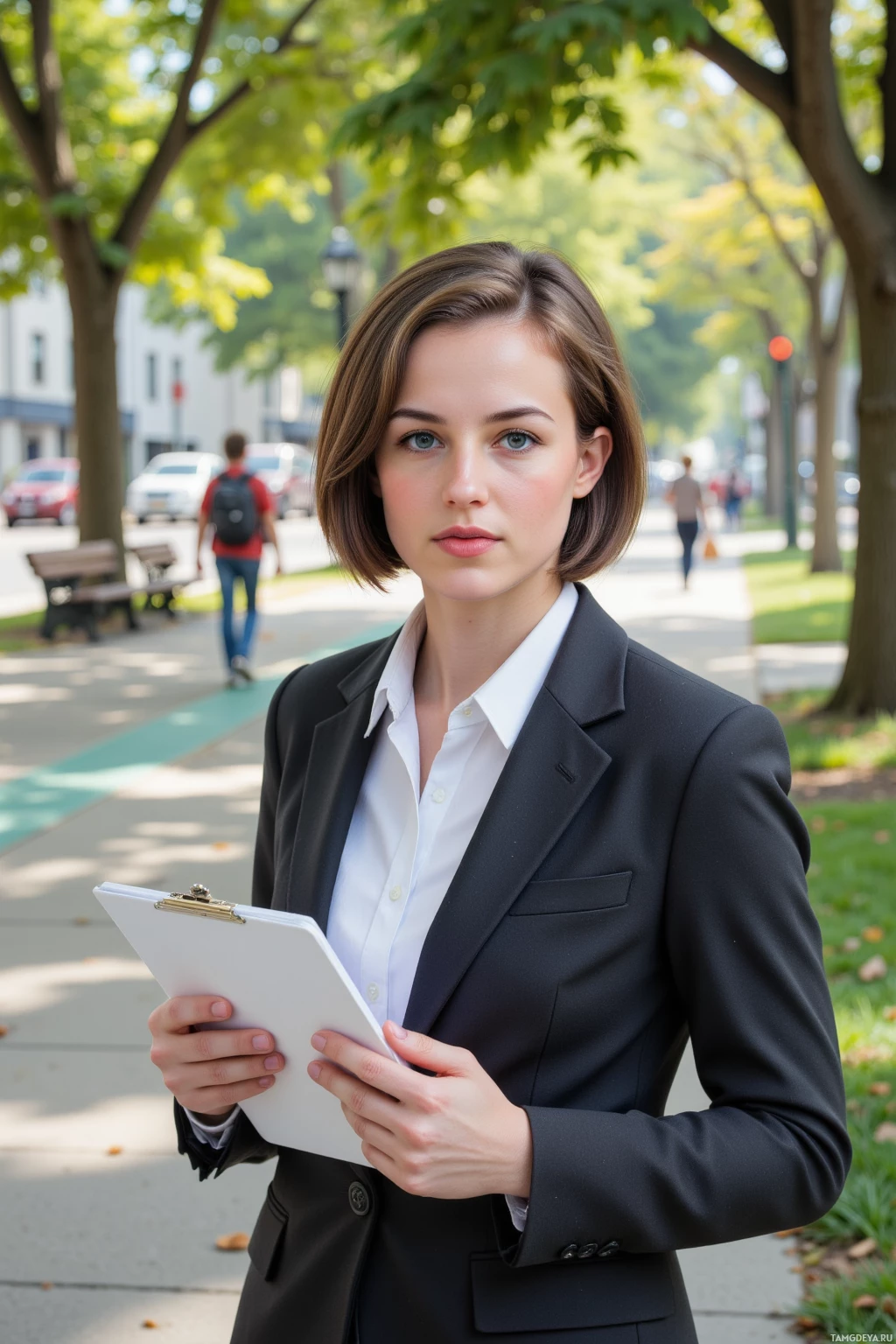 A woman in a business suit holds a clipboard in a park setting.