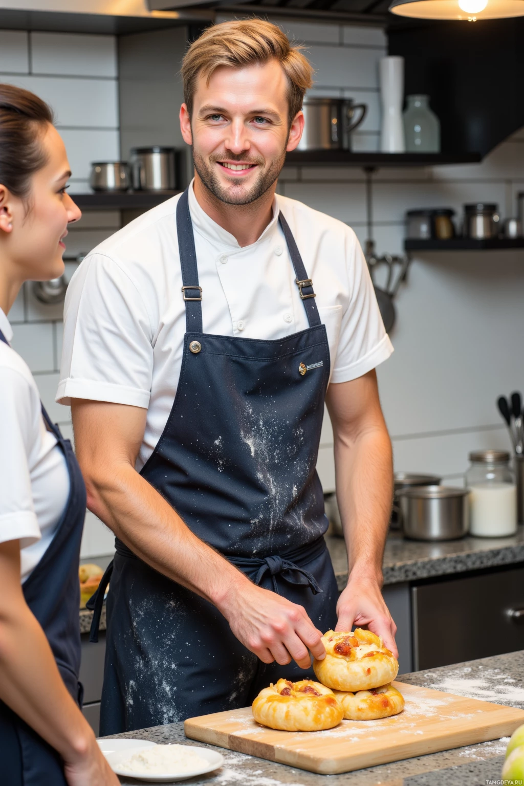 A man and a woman in a kitchen, the man wearing an apron and smiling while holding baked goods.