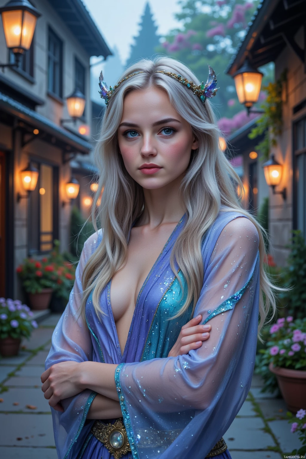 A woman in a blue, sparkly robe stands in a quaint alleyway with lanterns and flowers.