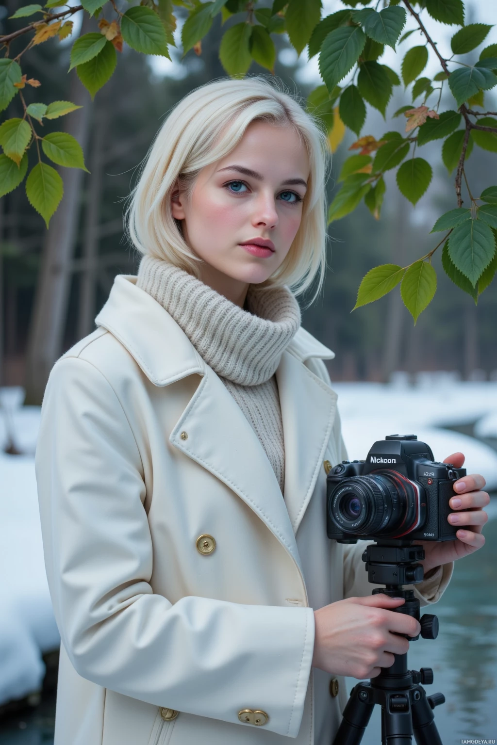 A person in a cream coat holding a camera on a tripod, surrounded by greenery.