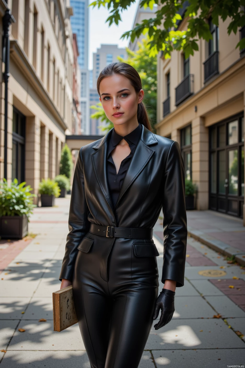 A woman in a black leather suit walks down a city street.