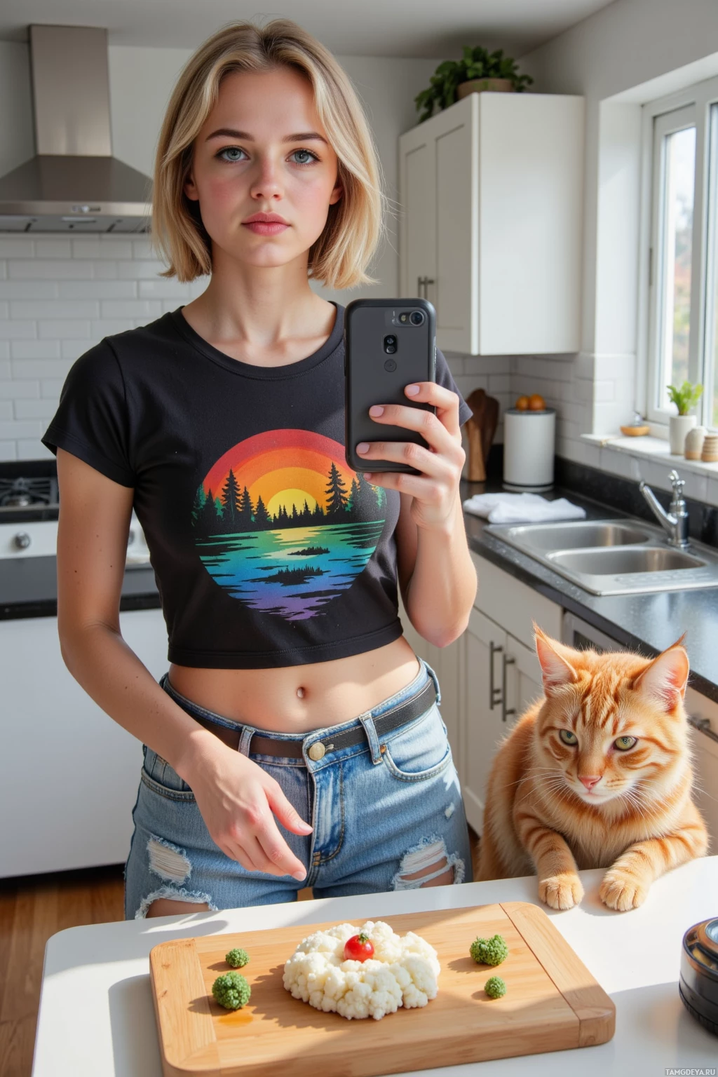A person in a kitchen takes a selfie with a cat and a plate of food on a cutting board.