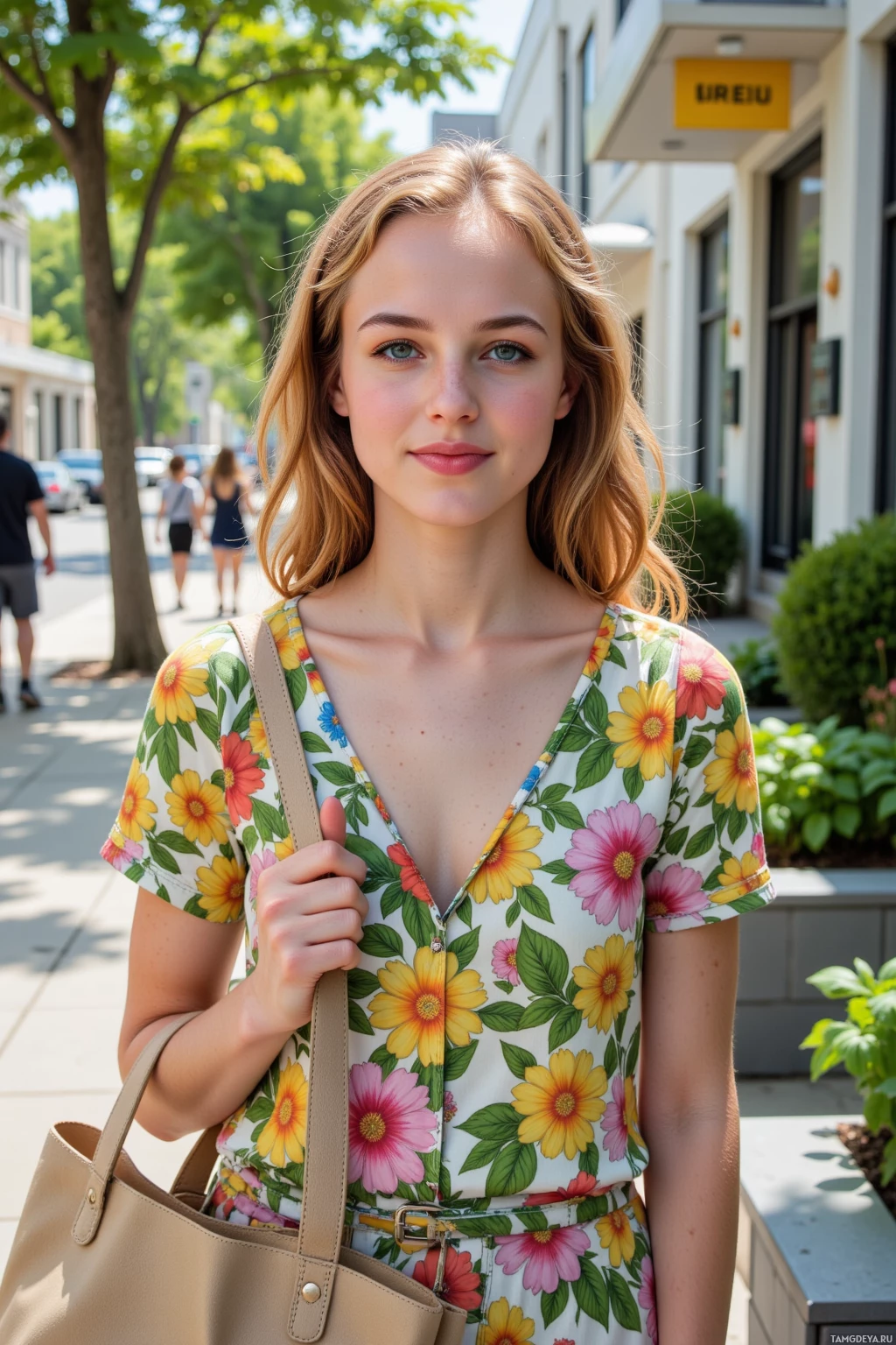A woman in a floral dress stands on a sunny sidewalk.