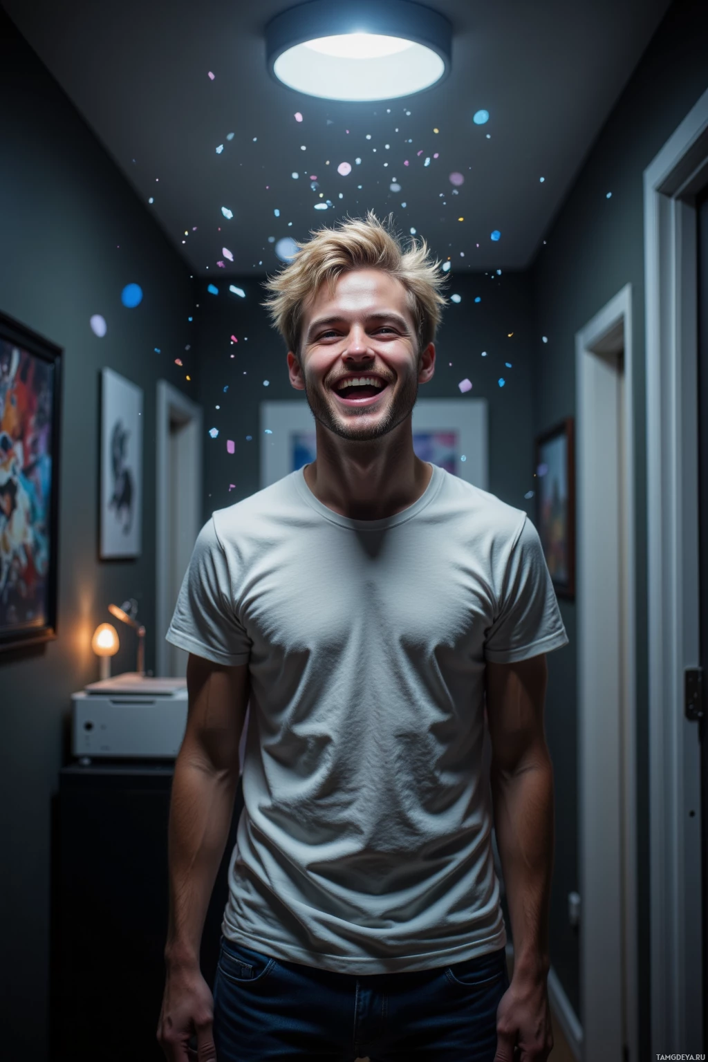 A man in a white t-shirt stands in a dimly lit hallway with colorful lights on the ceiling.