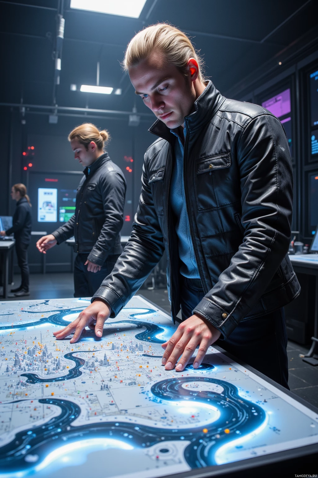 A man in a leather jacket stands in a futuristic control room, interacting with a large, illuminated map.