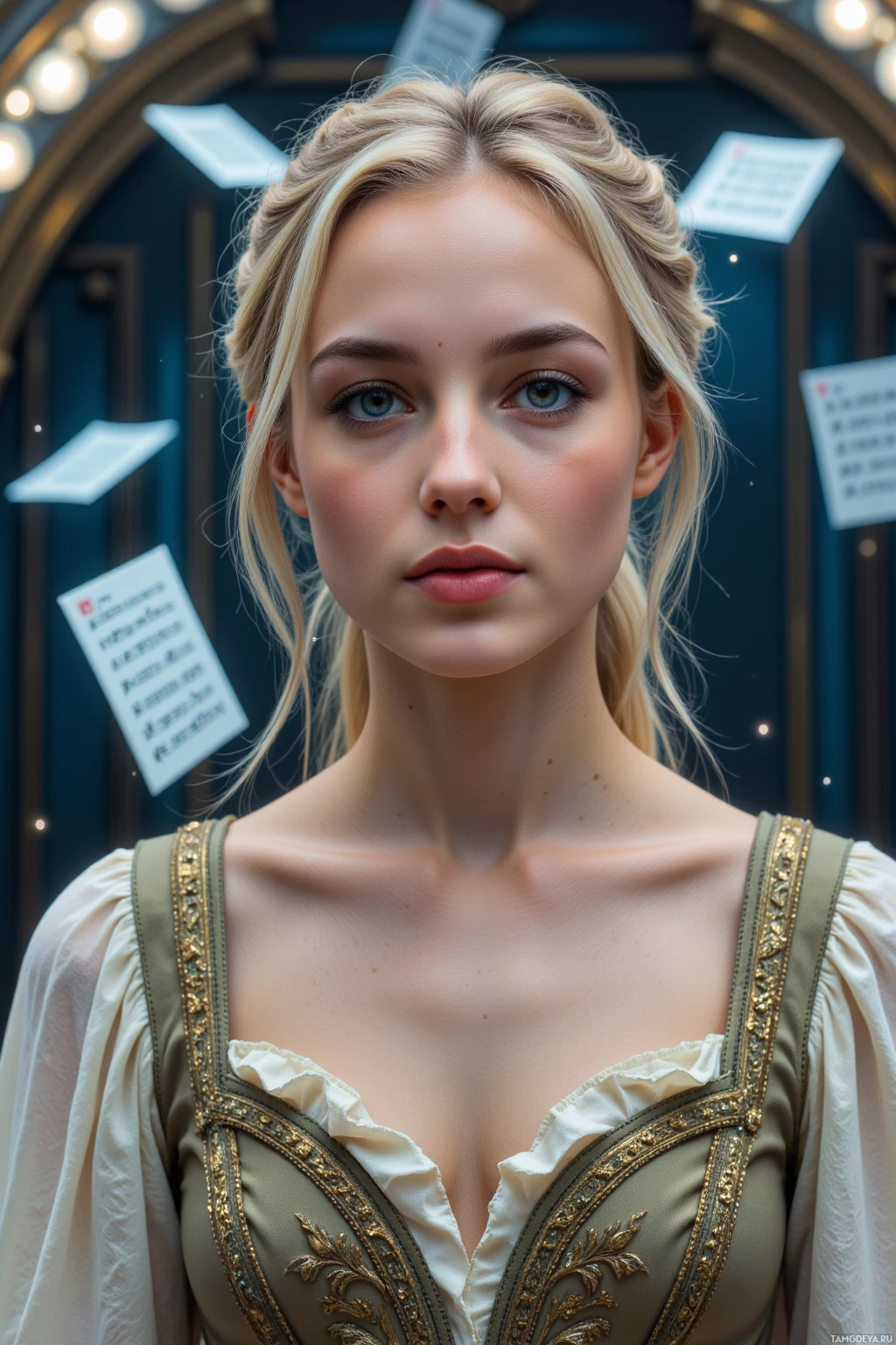 A person with blonde hair and a beige dress with gold embroidery stands in front of a dark background with a sign.