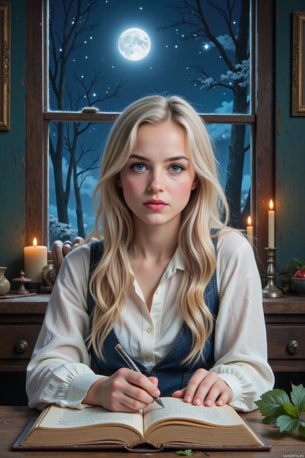 A woman sits at a desk, writing in a book under a moonlit window.