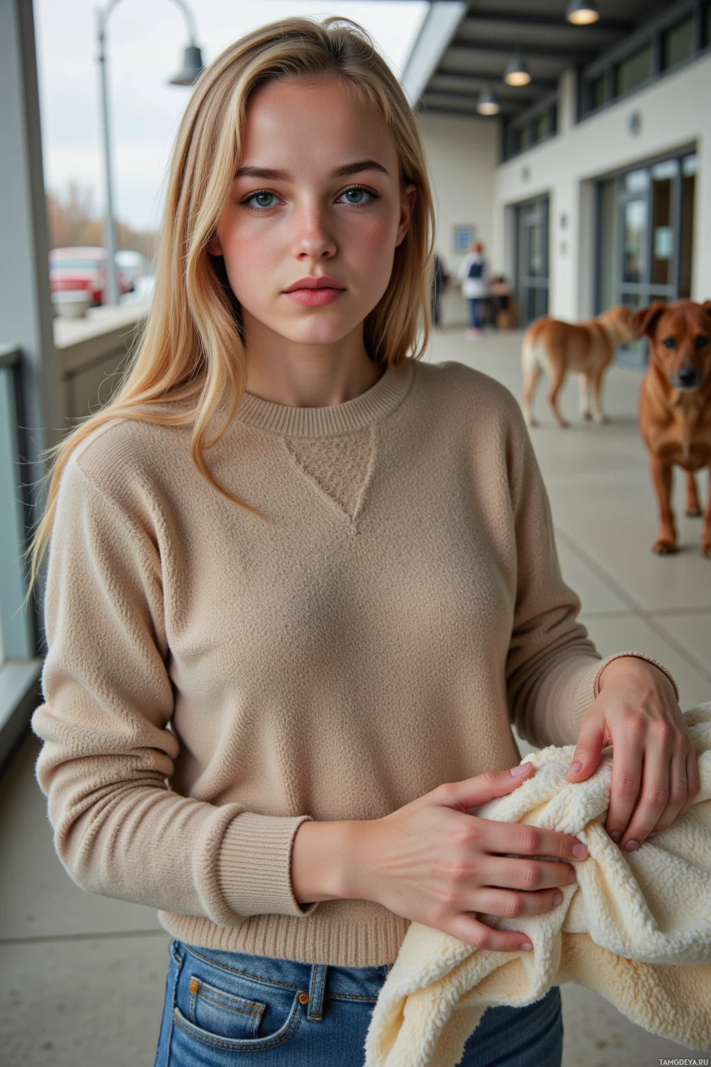 A person wearing a beige sweater and blue jeans stands indoors with dogs in the background.