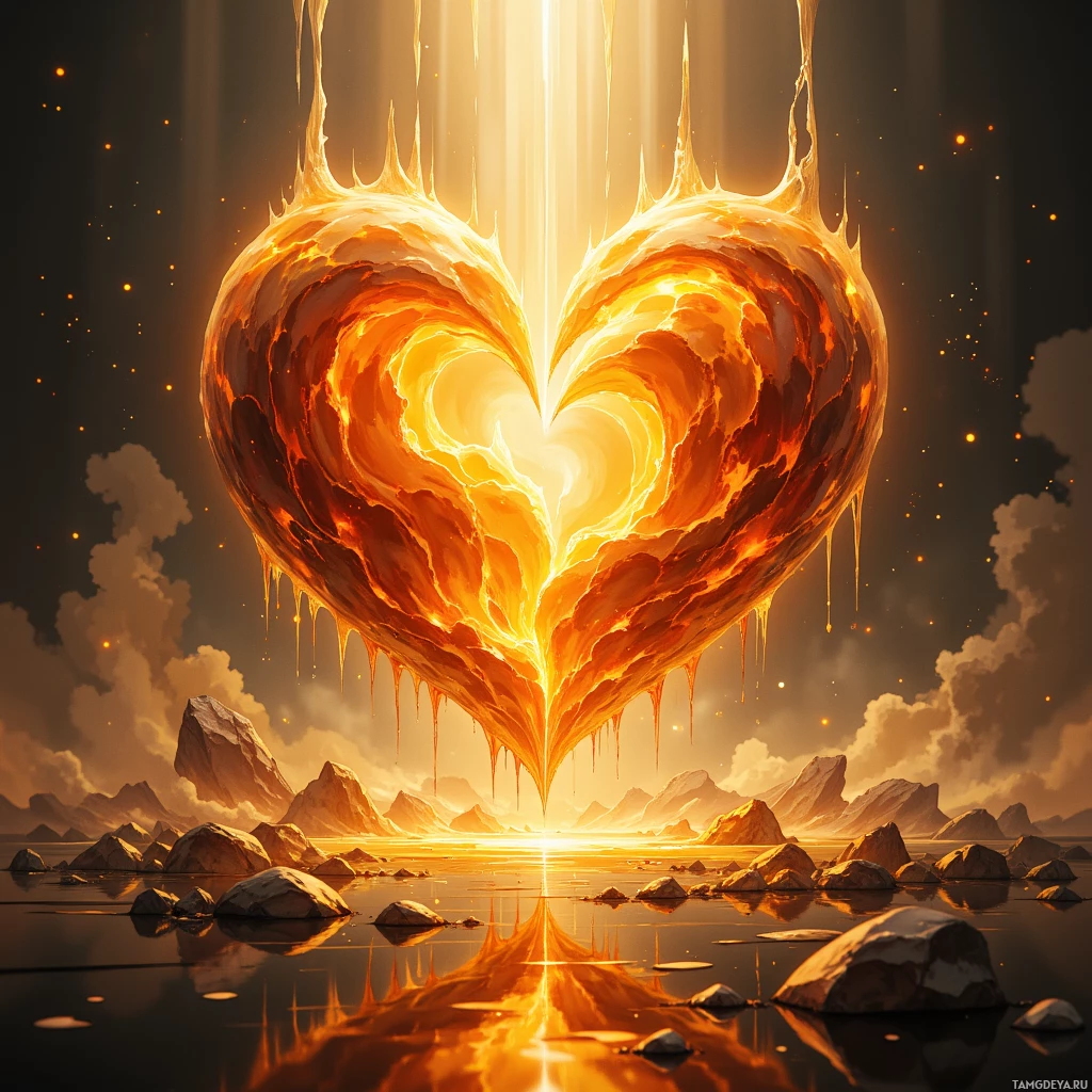 A fiery heart-shaped formation hovers above a rocky landscape, reflecting in a calm body of water.