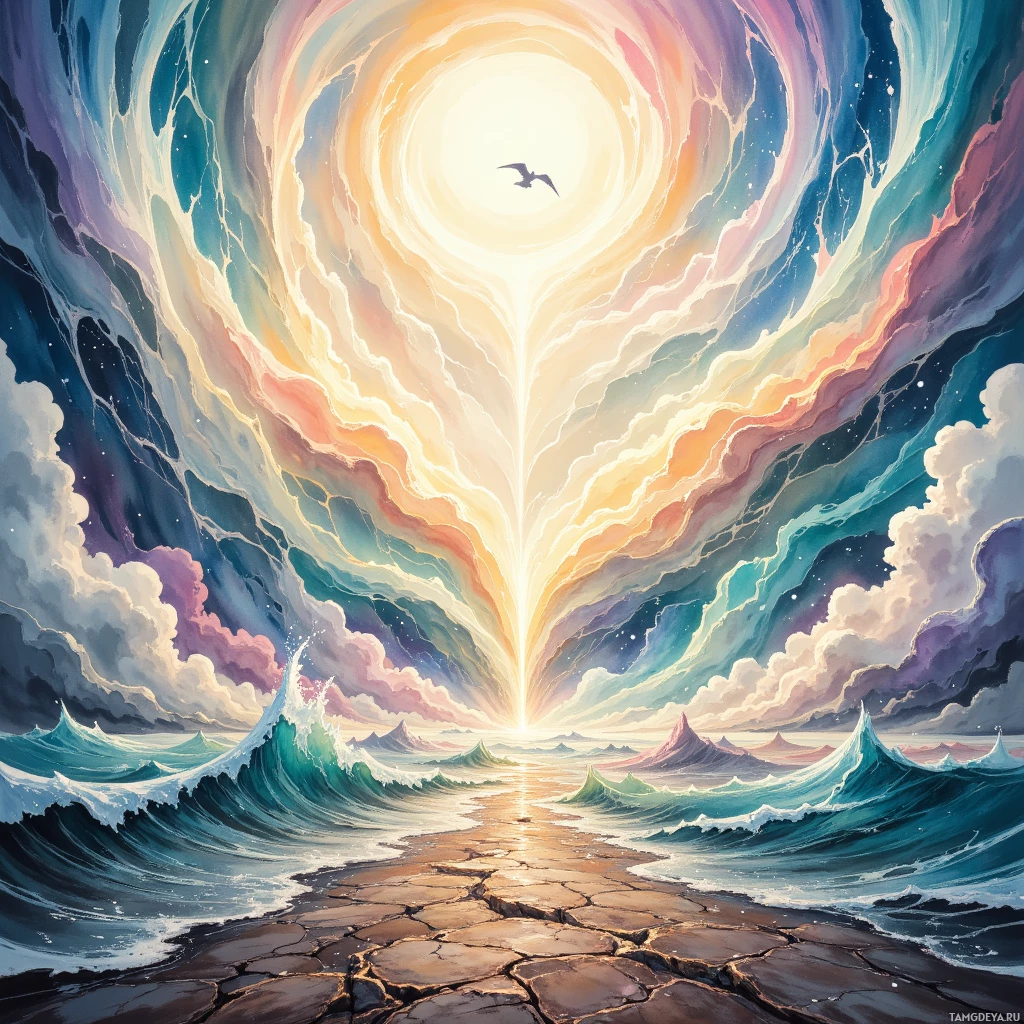 A vibrant, surreal seascape with a glowing sun, swirling clouds, and crashing waves leading to a cracked stone path.