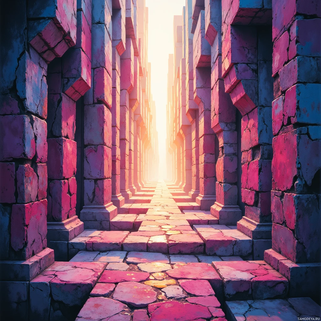 A narrow stone corridor with a bright light at the end.