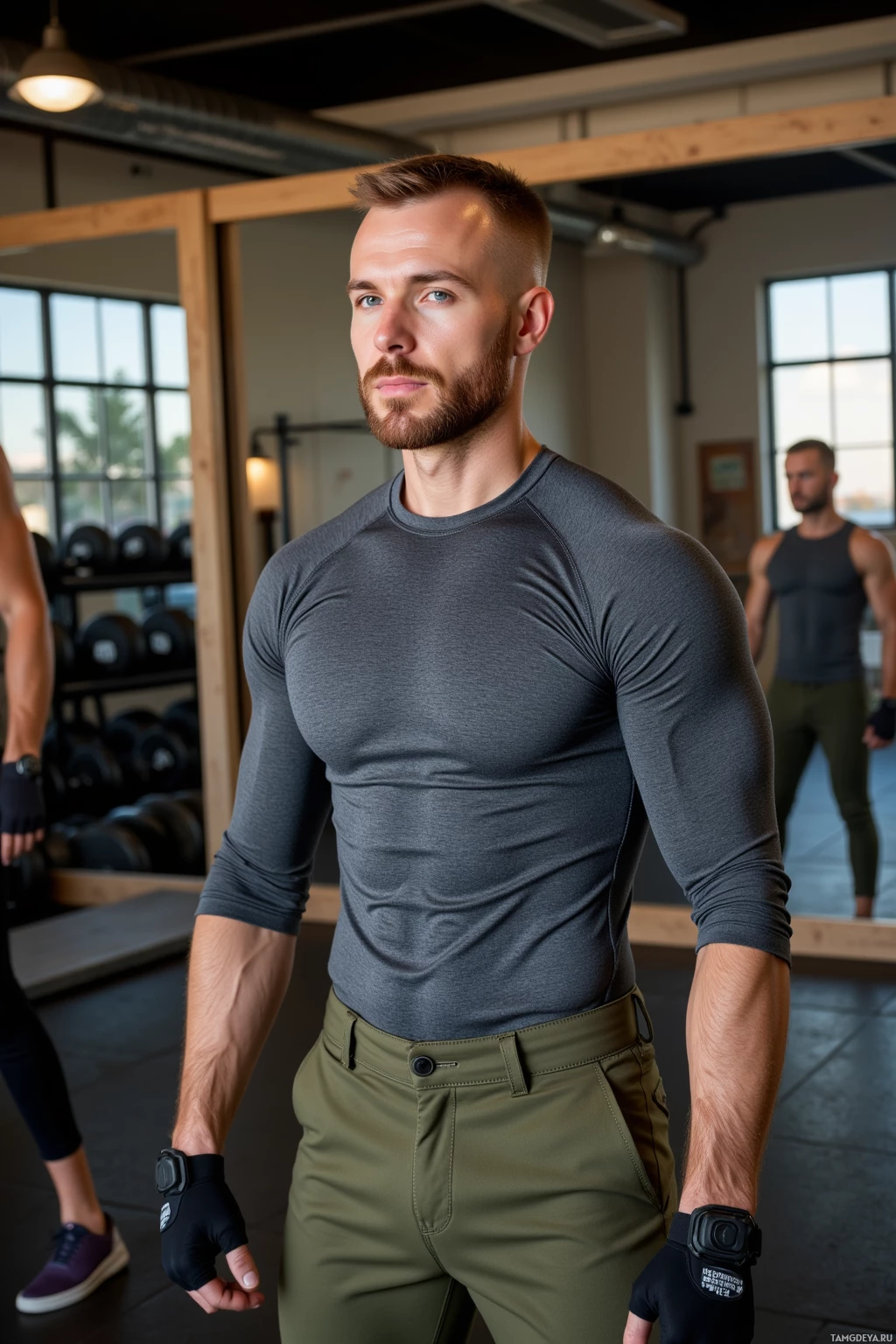 A man in a gym wearing a gray long-sleeve shirt and green pants.