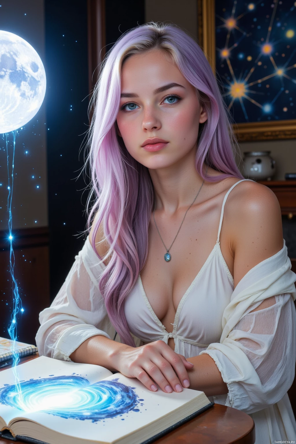 A person with long, wavy purple hair sits at a table with an open book, illuminated by a glowing moon and starry background.