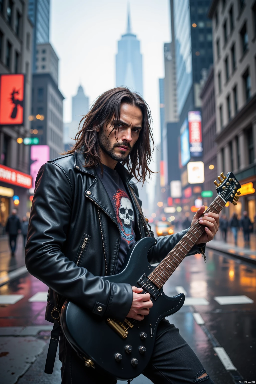A person in a leather jacket holds a guitar on a city street.