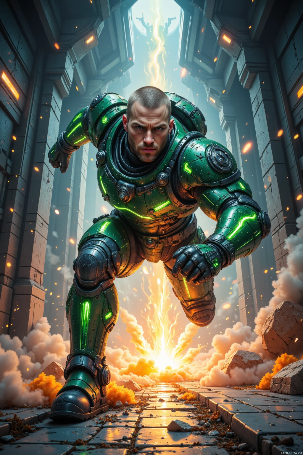 A futuristic armored figure stands amidst a dramatic, fiery environment.