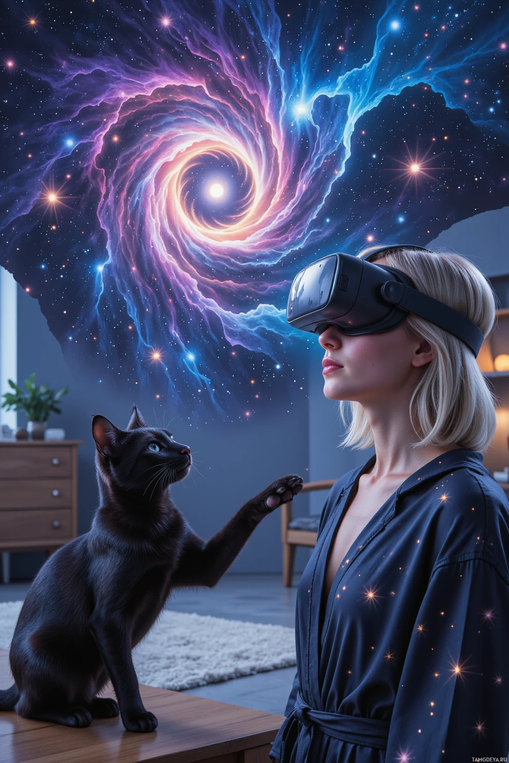 A woman wearing a VR headset interacts with a black cat in a room with a cosmic, starry background.