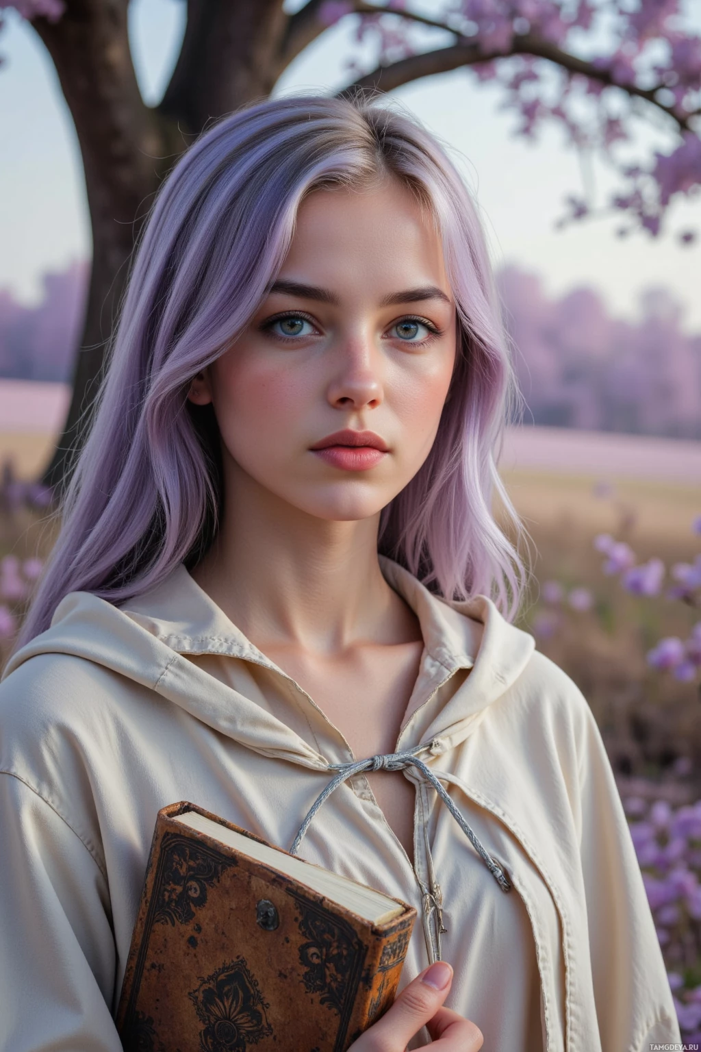 A person with light purple hair holds an old book in a serene outdoor setting.