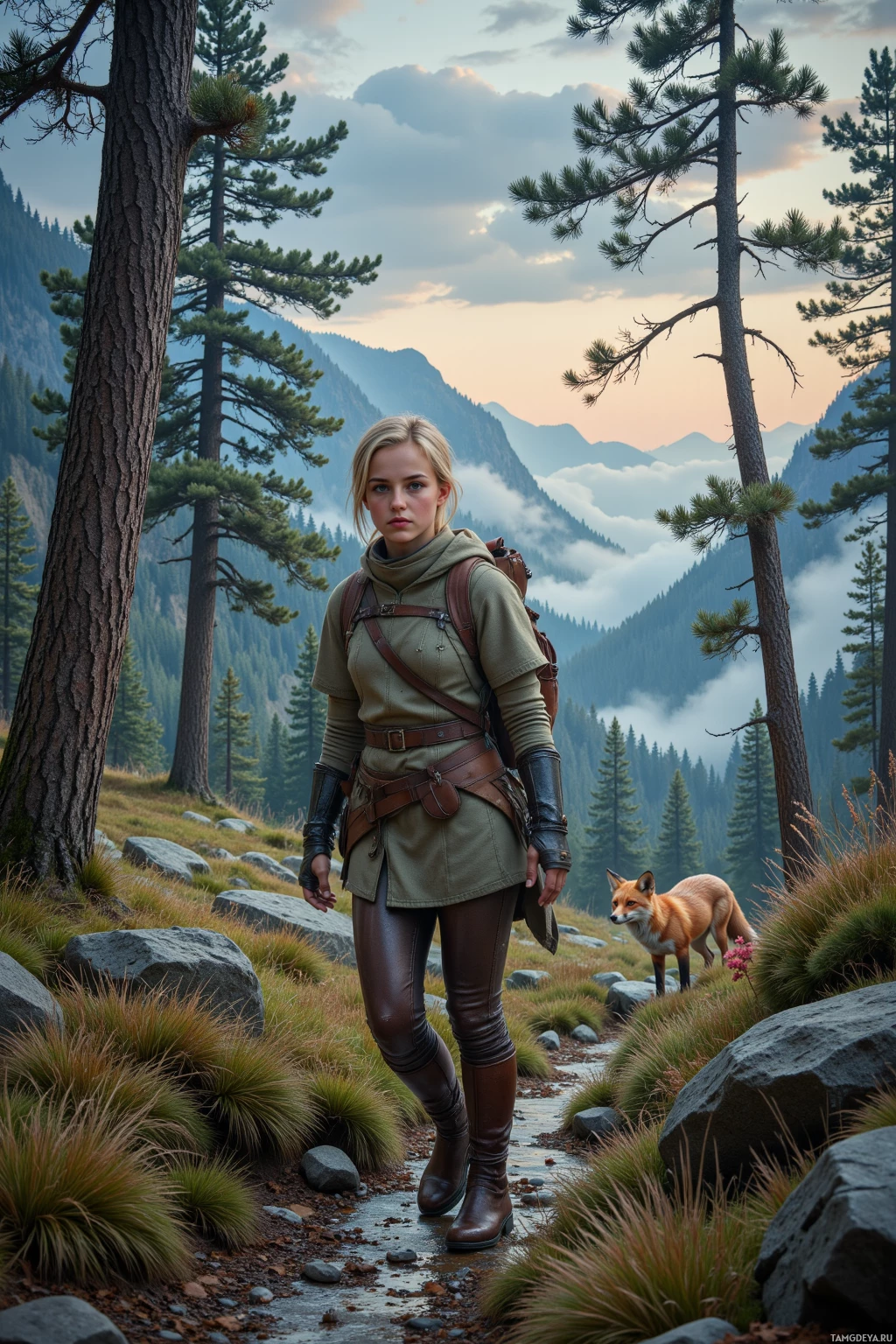 A person in outdoor attire stands on a rocky path in a forested mountain landscape with a fox nearby.