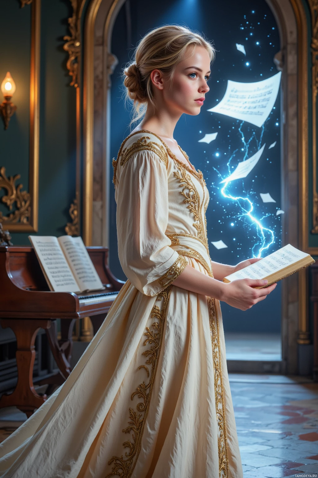 A woman in an elegant, ornate gown holds a book, standing in a grand room with a piano and glowing celestial imagery.